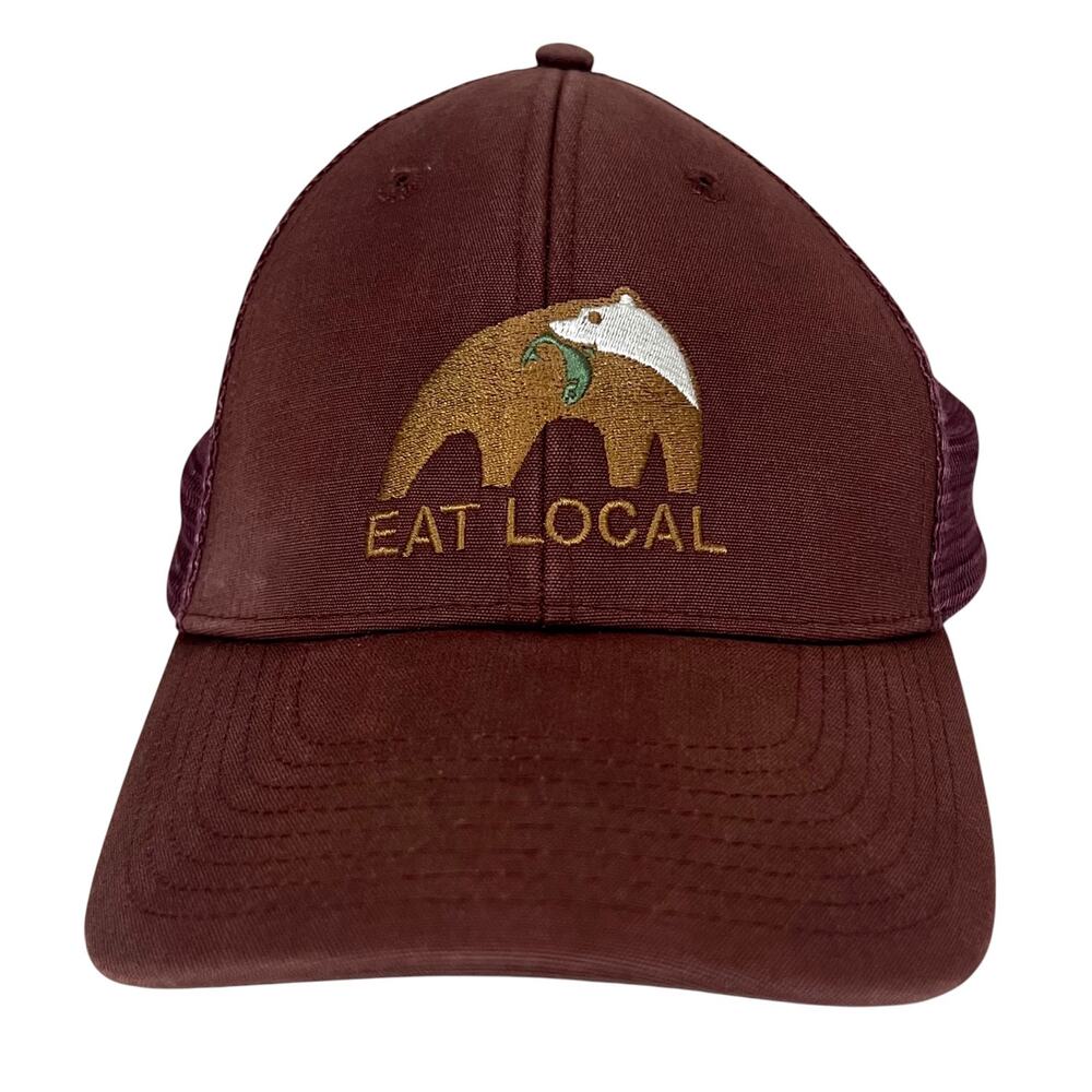 Patagonia Eat Local Upstream LoPro Trucker Hat Bear w/ Fish Burgundy Red RARE